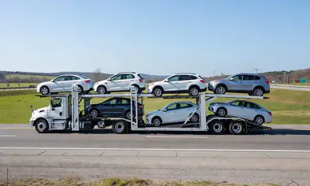 Multi-level car carrier on the highway to Pascoag, Rhode Island, United States