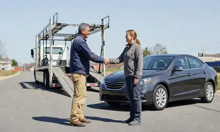 Vehicle owner beside their delivered car in Pascoag, Rhode Island, United States
