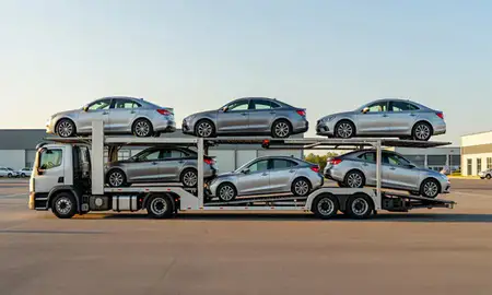 Car transporter parked in an industrial area of Pascoag, Rhode Island, United States