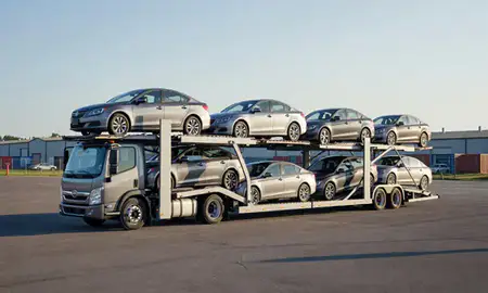 Car transporter loaded with vehicles in Pascoag, Rhode Island, United States