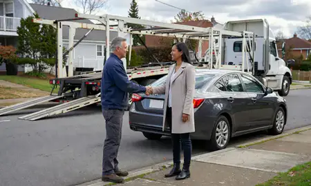 Vehicle owner beside their delivered car in Pawtucket, Rhode Island, United States