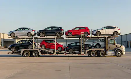 Car transporter parked in an industrial area of Pawtucket, Rhode Island, United States