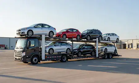 Car transporter loaded with vehicles in Pawtucket, Rhode Island, United States