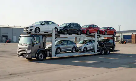 Car transporter loaded with vehicles in Providence, Rhode Island, United States