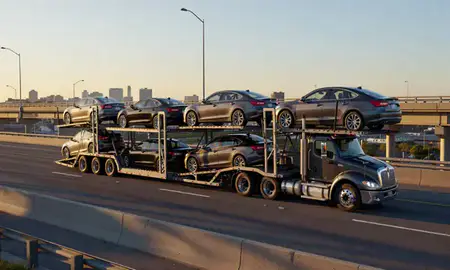 Car transporter with the Providence, Rhode Island, United States skyline behind it