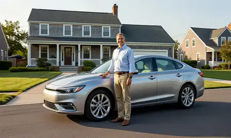 Customer with their delivered car in Quonochontaug, Rhode Island, United States