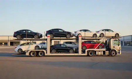 Car transporter parked in an industrial area of Quonochontaug, Rhode Island, United States