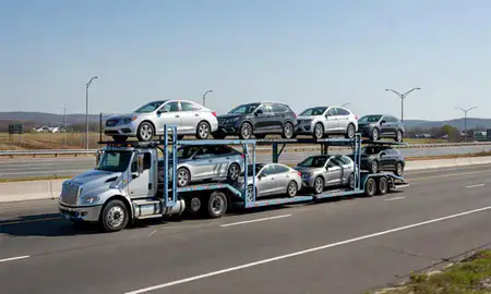 Multi-level car carrier on the highway to Valley Falls, Rhode Island, United States