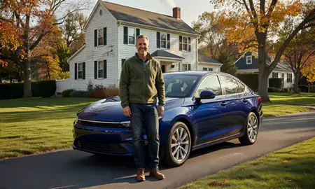 Customer with their delivered car in Valley Falls, Rhode Island, United States