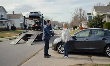 Vehicle owner beside their delivered car in Valley Falls, Rhode Island, United States