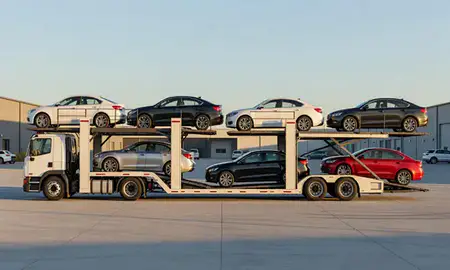 Car transporter parked in an industrial area of Valley Falls, Rhode Island, United States