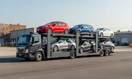 Car transporter loaded with vehicles in Valley Falls, Rhode Island, United States