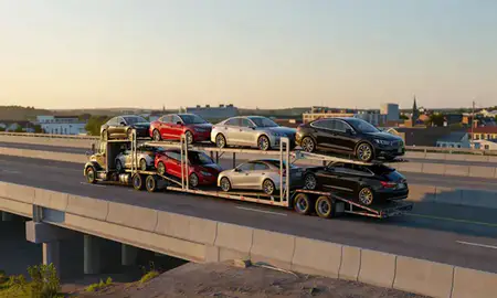 Car transporter with the Valley Falls, Rhode Island, United States skyline behind it