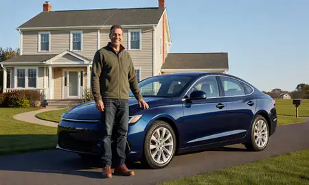 Customer with their delivered car in Warwick, Rhode Island, United States
