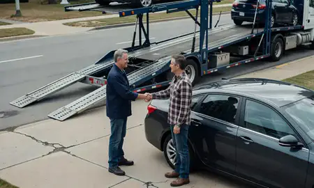 Vehicle owner beside their delivered car in Warwick, Rhode Island, United States