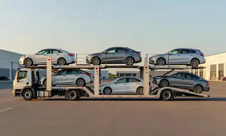Car transporter parked in an industrial area of Warwick, Rhode Island, United States