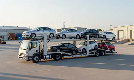 Car transporter loaded with vehicles in Warwick, Rhode Island, United States