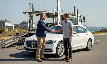 Vehicle owner beside their delivered car in Watch Hill, Rhode Island, United States