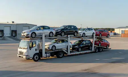 Car transporter loaded with vehicles in Watch Hill, Rhode Island, United States