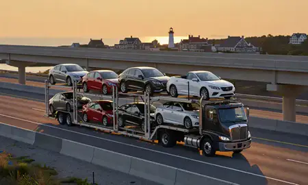 Car transporter with the Watch Hill, Rhode Island, United States skyline behind it