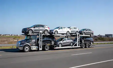 Multi-level car carrier on the highway to Weekapaug, Rhode Island, United States