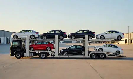 Car transporter parked in an industrial area of Weekapaug, Rhode Island, United States