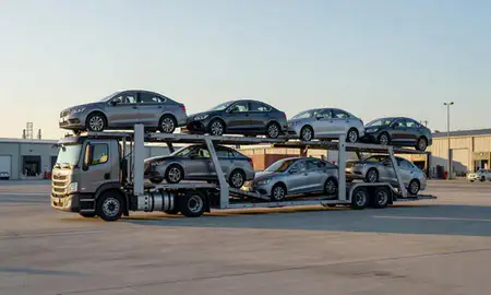 Car transporter loaded with vehicles in Weekapaug, Rhode Island, United States