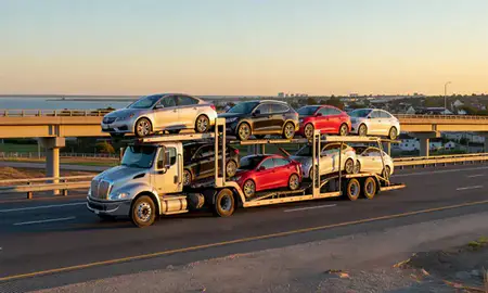 Car transporter with the Weekapaug, Rhode Island, United States skyline behind it