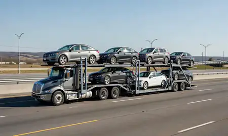 Multi-level car carrier on the highway to Woonsocket, Rhode Island, United States
