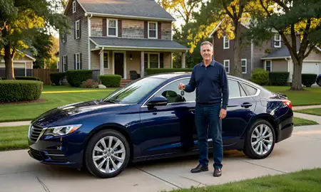 Car delivered to a driveway in Woonsocket, Rhode Island, United States