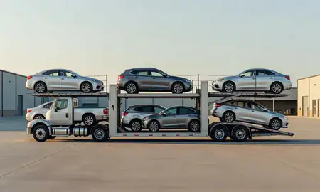 Car transporter parked in an industrial area of Woonsocket, Rhode Island, United States