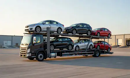 Car transporter loaded with vehicles in Woonsocket, Rhode Island, United States