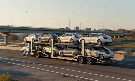 Car transporter with the Woonsocket, Rhode Island, United States skyline behind it