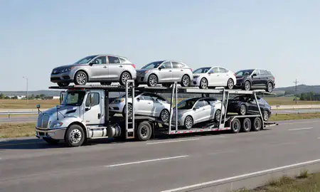 Multi-level car carrier on the highway to Wyoming, Rhode Island, United States