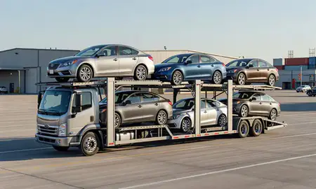 Car transporter loaded with vehicles in Wyoming, Rhode Island, United States