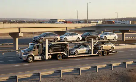 Car transporter with the Wyoming, Rhode Island, United States skyline behind it