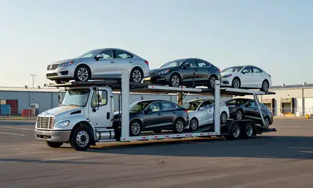Car transporter loaded with vehicles in South Carolina, United States
