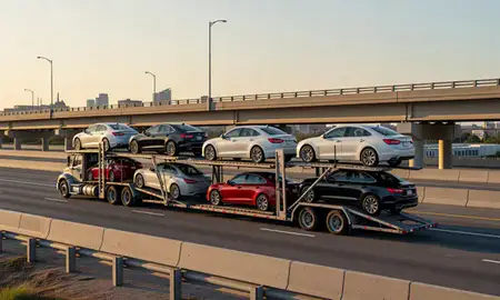 Car transporter with the South Carolina, United States skyline behind it
