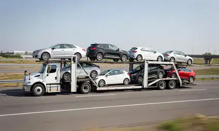 Multi-level car carrier on the highway to Aiken, South Carolina, United States