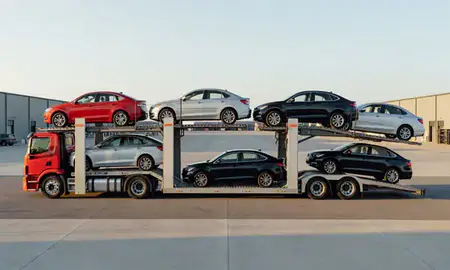Car transporter parked in an industrial area of Aiken, South Carolina, United States
