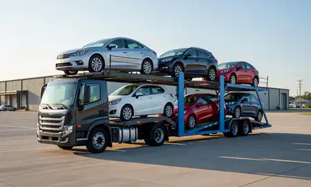 Car transporter loaded with vehicles in Aiken, South Carolina, United States
