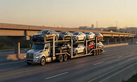 Car transporter with the Aiken, South Carolina, United States skyline behind it