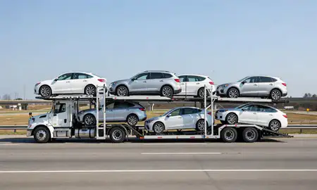 Multi-level car carrier on the highway to Anderson, South Carolina, United States