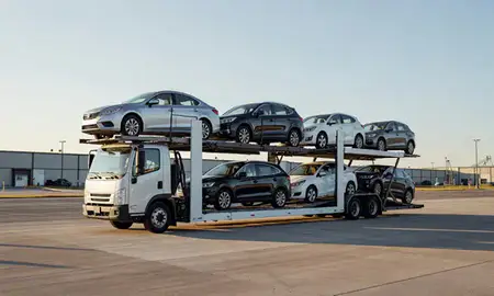 Car transporter loaded with vehicles in Anderson, South Carolina, United States