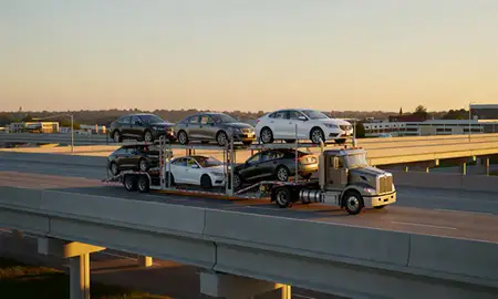 Car transporter with the Anderson, South Carolina, United States skyline behind it