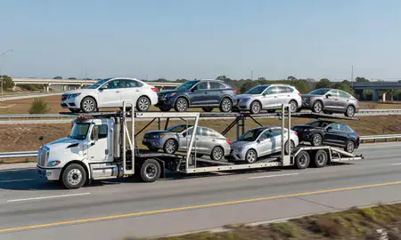 Multi-level car carrier on the highway to Bluffton, South Carolina, United States