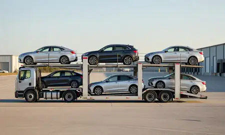 Car transporter parked in an industrial area of Bluffton, South Carolina, United States
