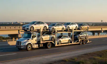Car transporter with the Bluffton, South Carolina, United States skyline behind it