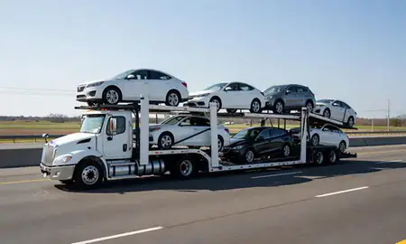 Multi-level car carrier on the highway to Carolina Forest, South Carolina, United States