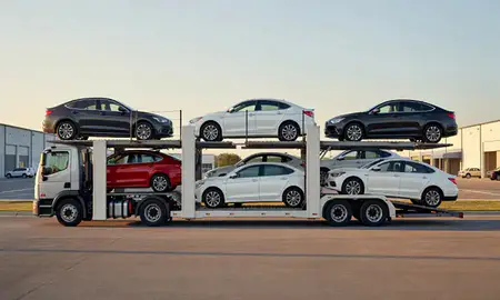 Car transporter parked in an industrial area of Carolina Forest, South Carolina, United States